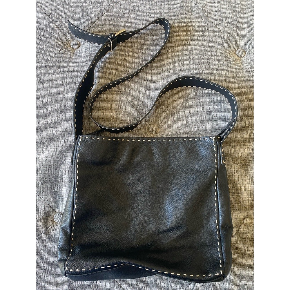 Charter Club Classics Black Pebbled Leather Crossbody Bag Cream Contrast‎ Stitch